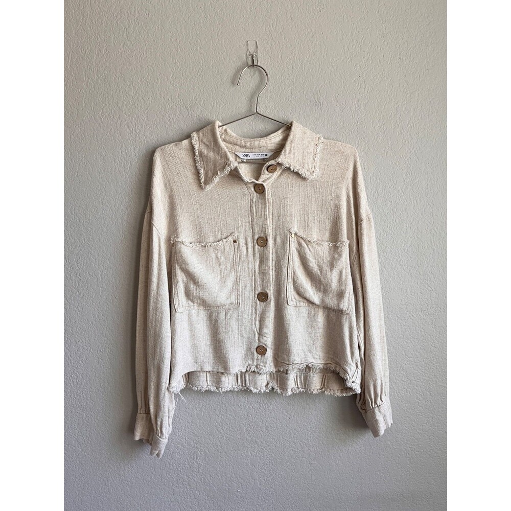 Zara Cropped Frayed Utility Shirt Jacket in Oatmeal (Beige) Size MEDIUM